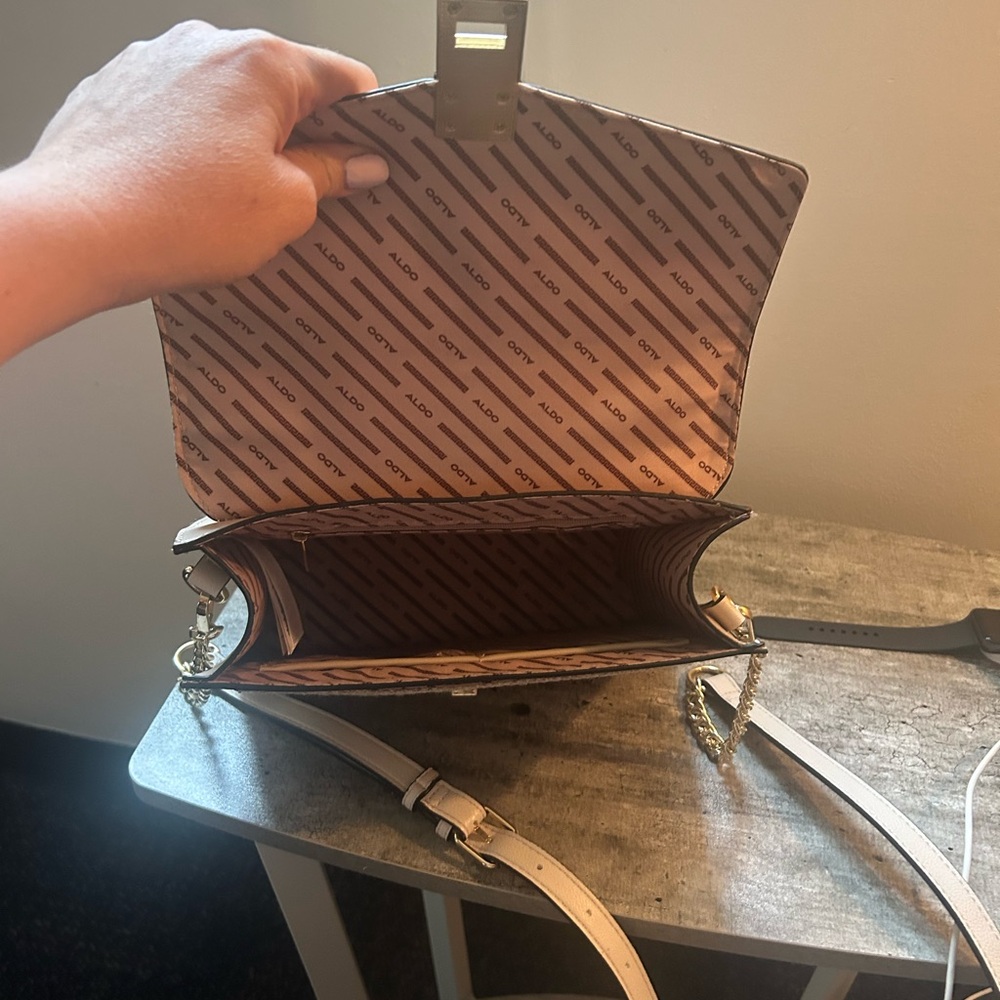 Aldo Tan Quilted Crossbody Bag with Gold Hardware and flower details